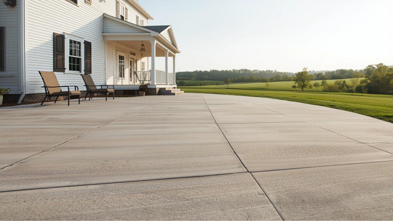 A newly finished concrete patio beside a white farmhouse porch in the Tennessee Valley